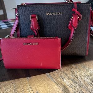 Michael Kors bag in red and brown with MK monogram. Minor scuffs. Selling asap